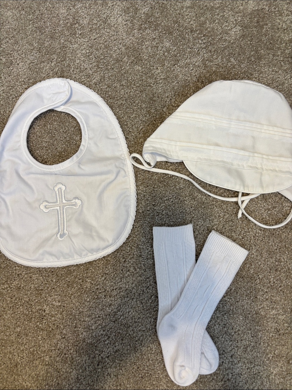 White Baby Baptism Bib, Bonnet & Socks Set